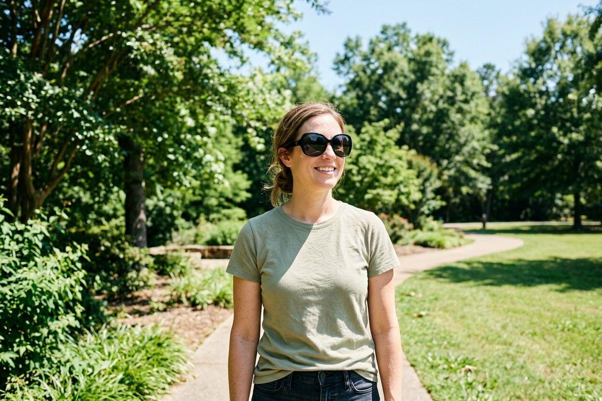 A smiling adult wearing sunglasses and a green t-shirt is standing on a sunny park path surrounded by trees and green lawns.
