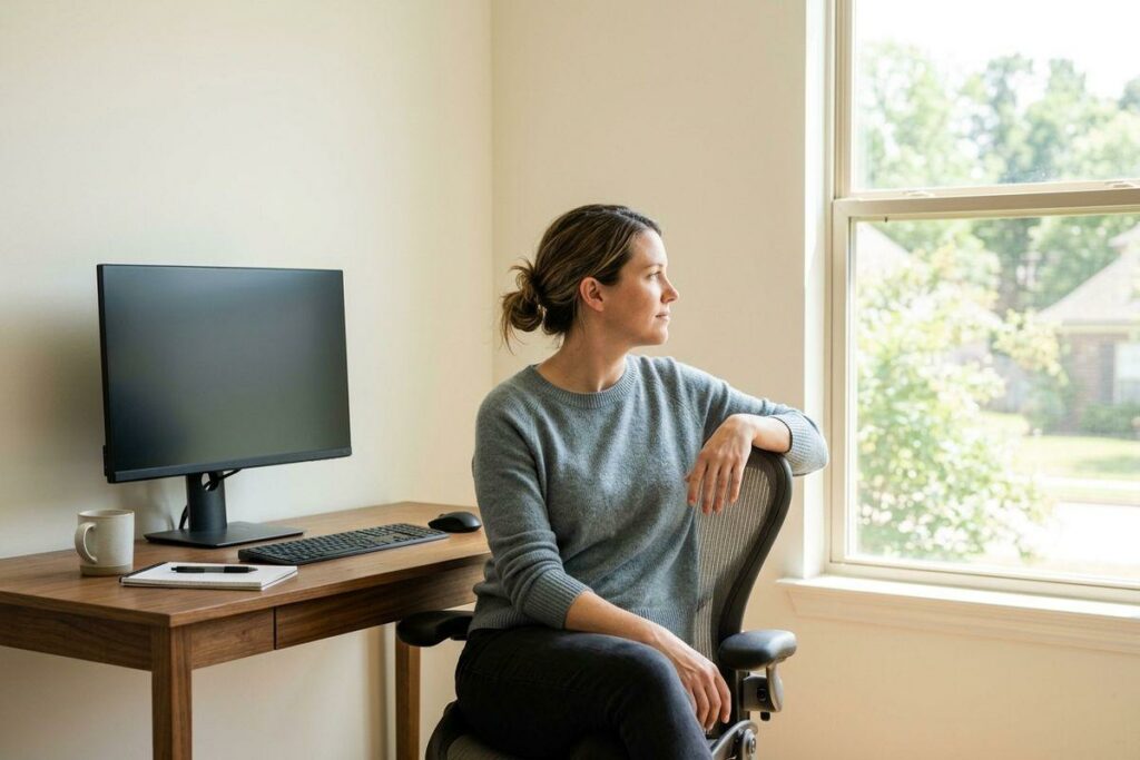 An adult sitting in an office chair at a desk with a monitor and keyboard, gazing thoughtfully out a window toward trees outside.