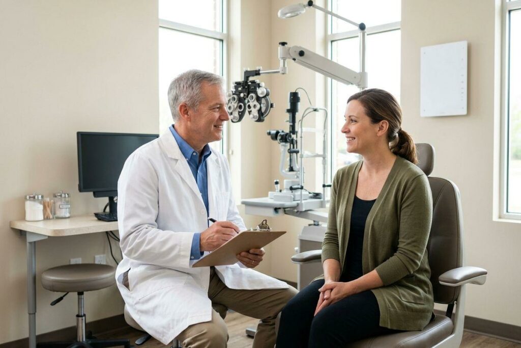An optometrist holding a clipboard consults with a smiling patient seated in an exam chair, with a phoropter visible behind them.