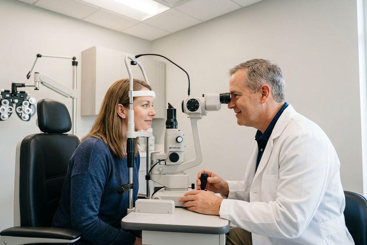 An optometrist using a slit lamp to examine a seated patient's eyes in an exam room. A phoropter is visible in the background.