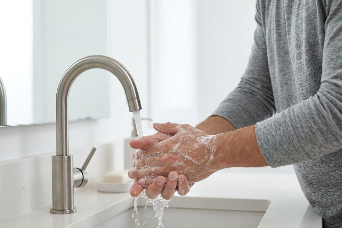A person washing soapy hands under running water at a white bathroom sink with a curved stainless steel faucet.