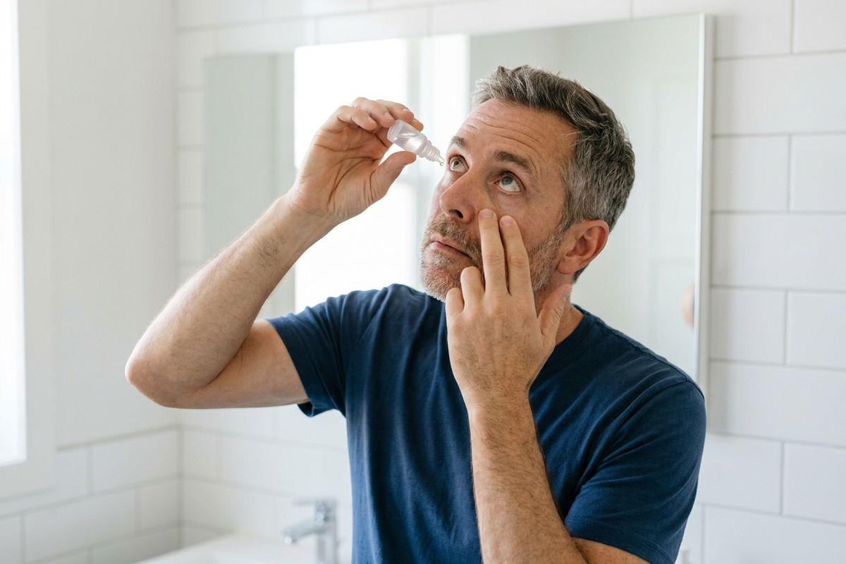 An adult applying eye drops to their eye in a bathroom, tilting their head back and pulling their lower eyelid down with one hand.