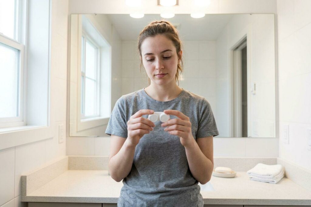 An adult holding a contact lens case and looking down at it in a bathroom, with a large mirror and vanity behind them.
