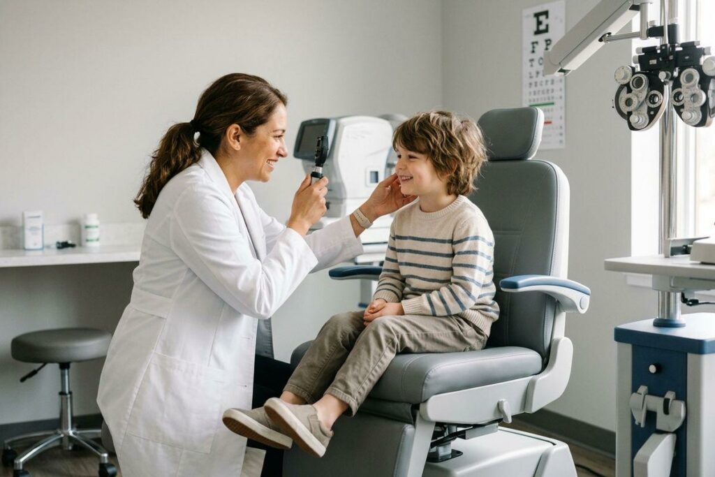 A smiling optometrist holding an ophthalmoscope examines a smiling child seated in an exam chair in an eye clinic.