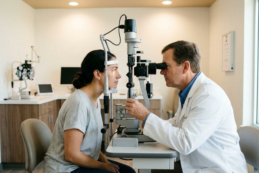 An optometrist performs a slit-lamp eye exam on a seated adult patient in a clinical exam room.