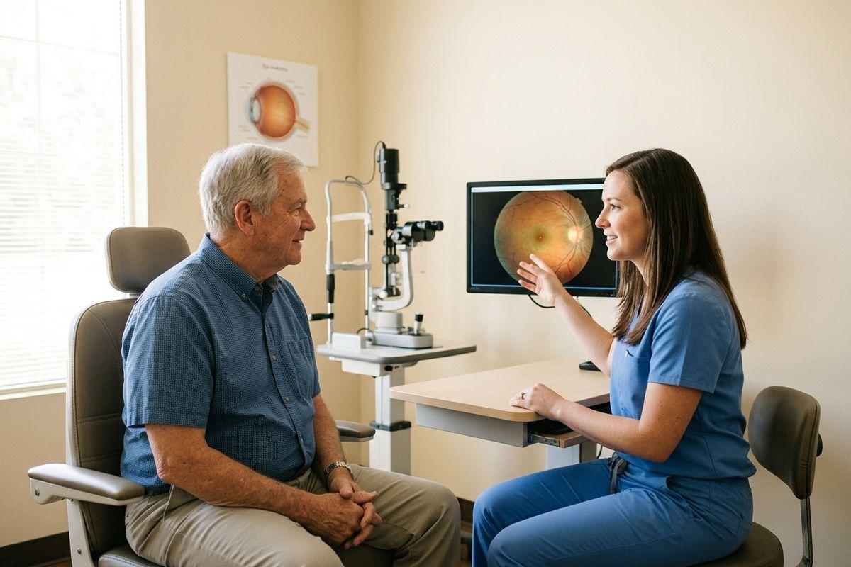 An optometrist smiling, gesturing toward a retinal scan on a monitor while consulting an older adult patient in an eye exam room.