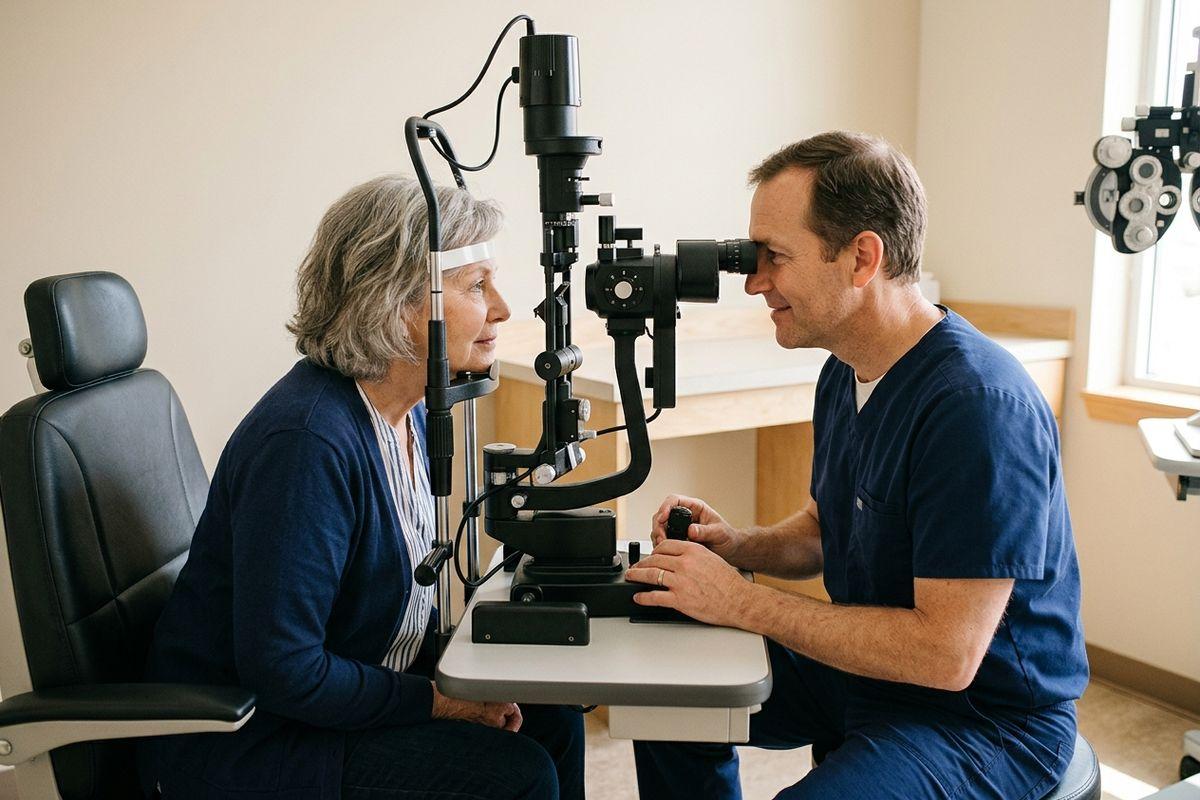 An optometrist uses a slit lamp to examine an older adult patient's eyes in an eye exam room.