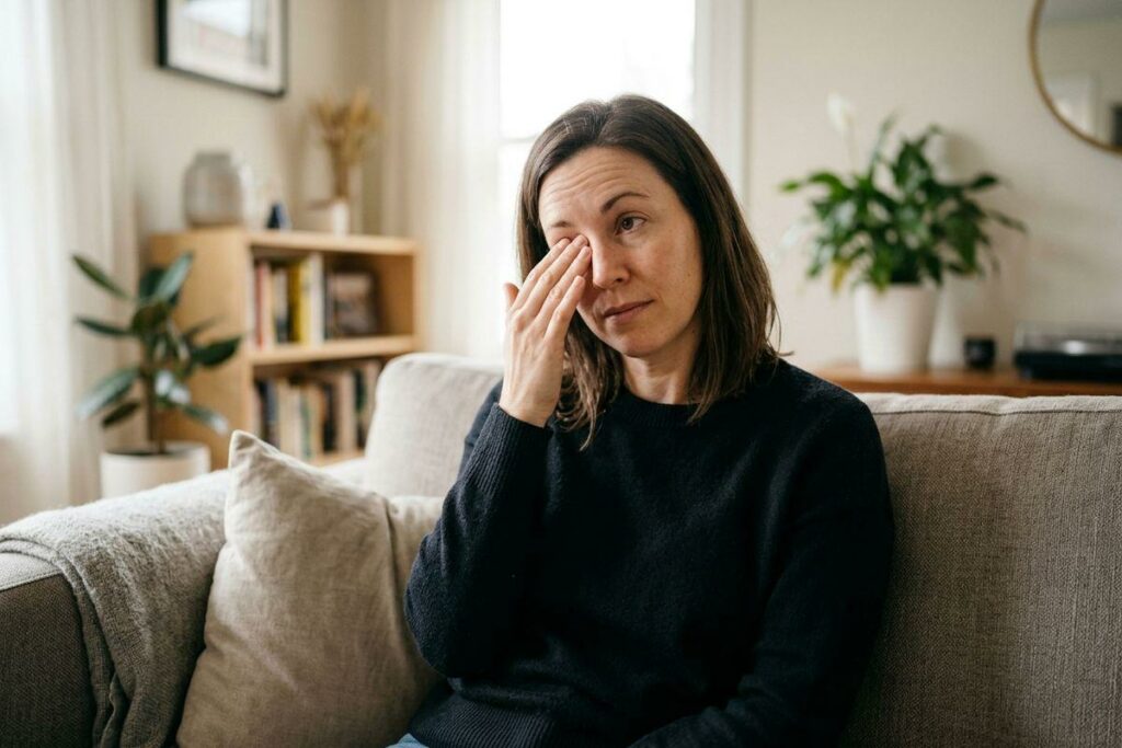 Adult sitting on a couch in a living room, rubbing one eye with their fingers, looking tired, with bookshelves and houseplants behind.