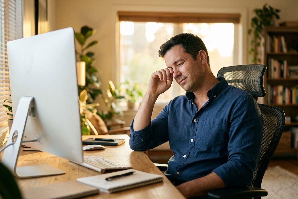 Adult with eyes closed rubs one eye while seated at a desk facing a computer monitor in a sunlit home office with plants and bookshelves.