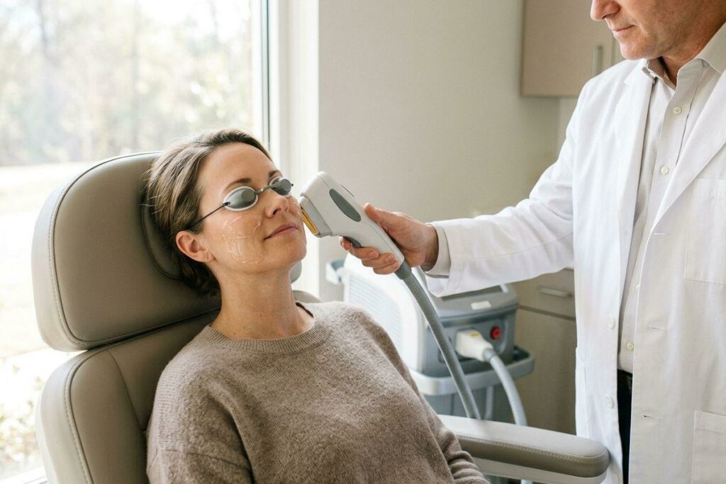 Clinician holds a handheld treatment device to the cheek of a smiling adult in a chair wearing a protective eye shield.
