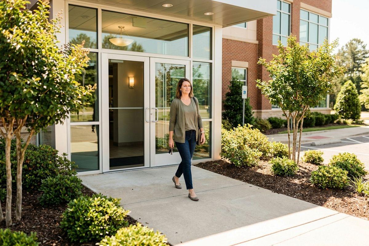 Smiling adult holding keys walks out of a brick building's glass entrance onto a sunny sidewalk lined with shrubs, small trees, and a parking lot.